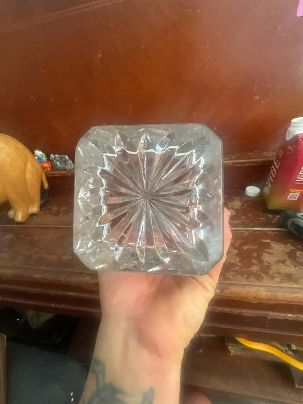 Vintage Square Cut Lead Crystal Whiskey Decanter with Faceted Stopper